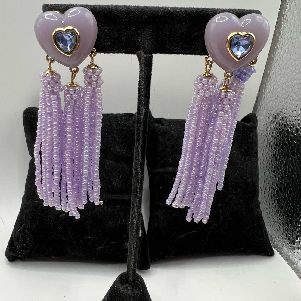 Lavender Heart Tassel Pierced Earrings with Gold Accents with Crystal